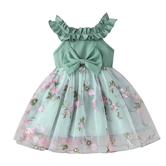 MIXUE Baby Girls Casual Dresses Summer Solid Color Floral Embroidery Crew Neck Ruffle Sleeveless A Line Comfortable Dress Daily-Wear,Green,9-12 Months