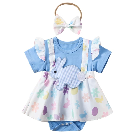 MIXUE Baby Girls Jumpsuits & Rompers Summer Cartoon Animal Print Crew Neck Short Sleeve Bodysuits Headband 2 Piece Set Holiday Wear,Blue,0-3 Months