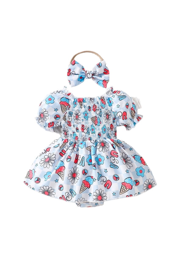 Baby Girls Jumpsuits & Rompers Infant Summer Cartoon Print Square Collar Short Sleeve Bodysuits With Headband Daily-Wear,Blue,0-3 Months