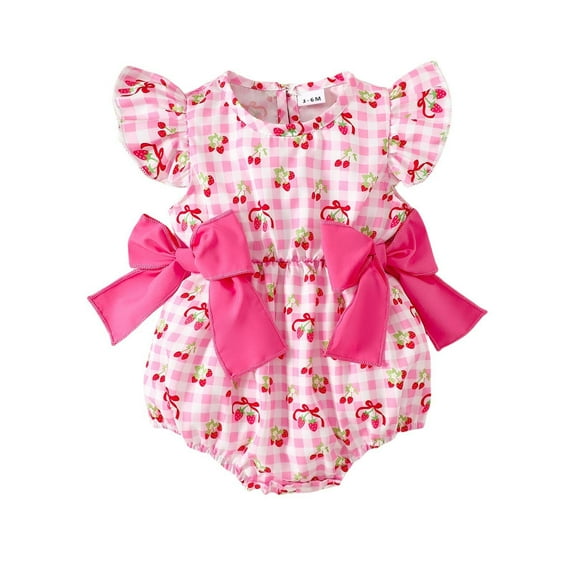 MIXUE Baby Girls Jumpsuits & Rompers Summer Cherry Print Crew Neck Fly Sleeve Bowknot Bodysuits Daily-Wear,Red,6-12 Months