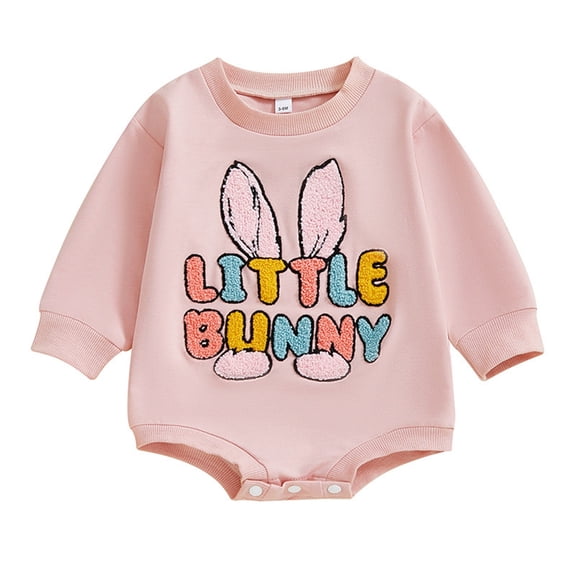 MIXUE Baby Girls Jumpsuits & Rompers Summer Cute Bunny Letter Embroidery Crew Neck Long Sleeve Oversized Sweatshirt Bodysuits Streetwear,Pink,0-3 Months