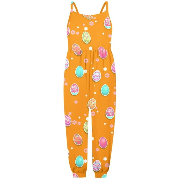 MIXUE Baby Girls Jumpsuits & Rompers Summer Egg Print Spaghetti Strap Sleeveless Overalls Bodysuits Daily-Wear,Orange,1-2 Years