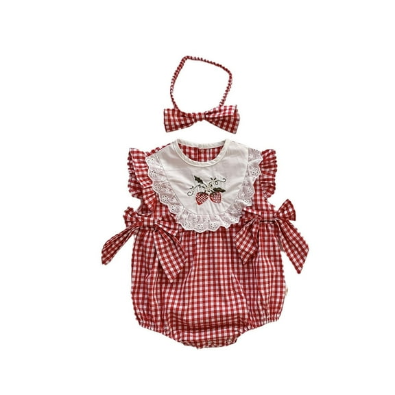 MIXUE Baby Girls Jumpsuits & Rompers Summer Plaid Print Strawberry Embroidery Thin Lace Crew Neck Sleeveless Bodysuits With Headband Outwear,Red,0-3 Months