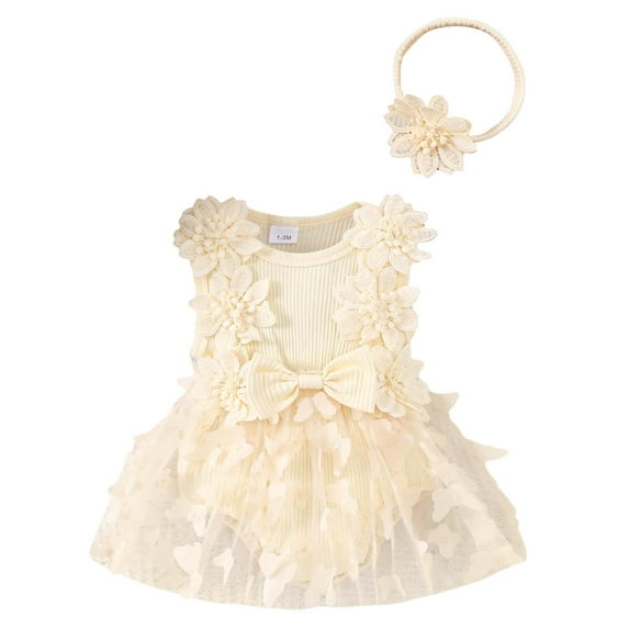 MIXUE Baby Girls Jumpsuits & Rompers Summer Solid Color Floral Crew Neck Sleeveless Ribbed Bowknot Bodysuits Headband Set Outwear,Beige,9-12 Months