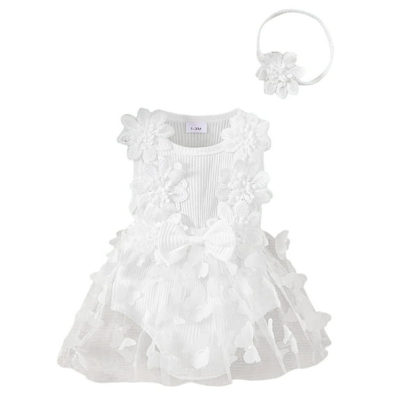 MIXUE Baby Girls Jumpsuits & Rompers Summer Solid Color Floral Crew Neck Sleeveless Ribbed Bowknot Bodysuits Headband Set Streetwear,White,9-12 Months