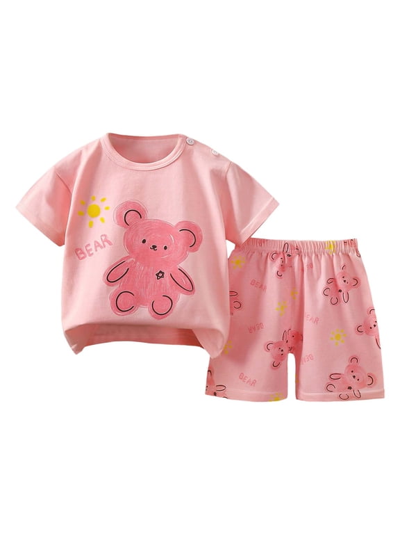 Baby Girls Outfit Sets Boys Summer Cartoon Printed Short Sleeved Tops With Shorts 2Pc Suit Streetwear,Pink,3-9 Months