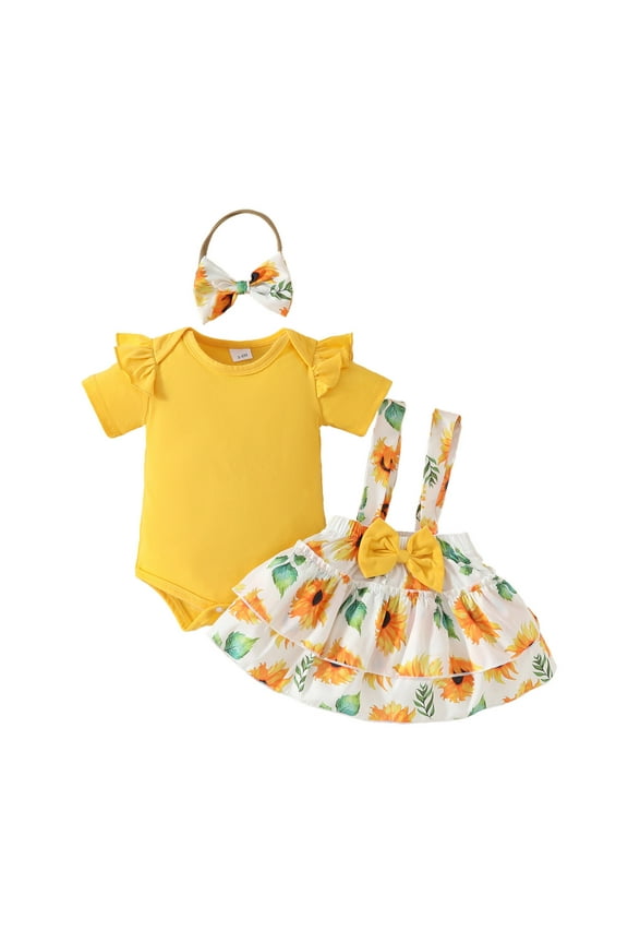 Baby Girls Outfit Sets Short Sleeve Sunflower Prints Romper Bodysuit Suspender Skirts Sportwear,Yellow,12-18 Months