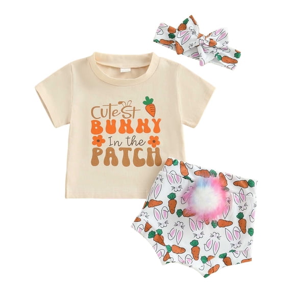 MIXUE Baby Girls Outfit Sets Spring Alphabet Bunny Print Shorts With Pompom Headband | 3 Piece Casual Streetwear,Beige,0-6 Months
