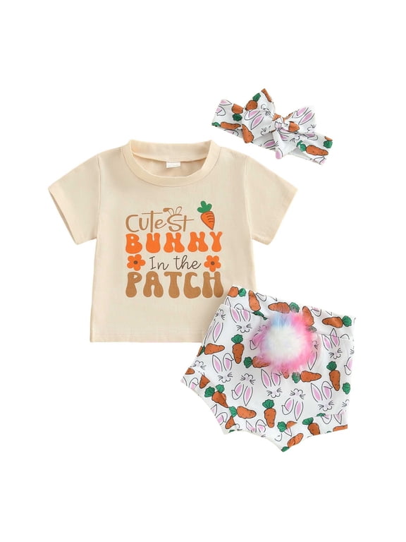Baby Girls Outfit Sets Spring Alphabet Bunny Print Shorts With Pompom Headband | 3 Piece Casual Streetwear,Beige,0-6 Months