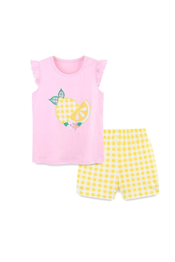 Baby Girls Outfit Sets Summer Cartoon Lemon Print Crew Neck Fly Sleeve T Shirt Tops Shorts Two Piece Outwear,Pink,12-18 Months