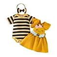 thumbnail image 1 of MIXUE Baby Girls Outfit Sets Summer Striped Print Round Neck Short Sleeve Rompers Cartoon Bee Suspender Skirts Hairband Three Piece Activewear,Yellow,9-12 Months, 1 of 9