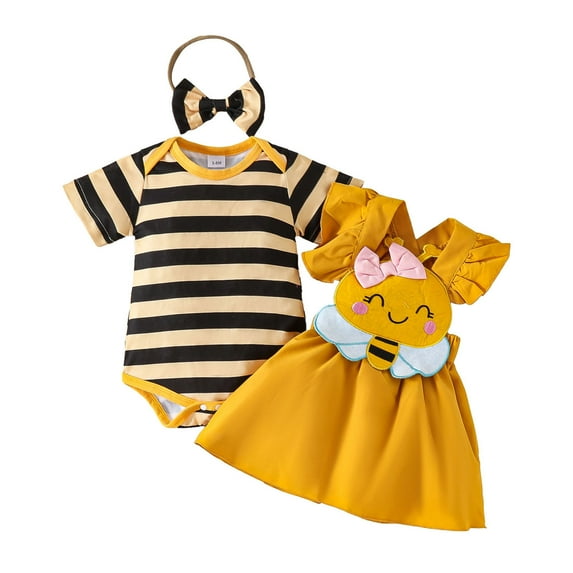 MIXUE Baby Girls Outfit Sets Summer Striped Print Round Neck Short Sleeve Rompers Cartoon Bee Suspender Skirts Hairband Three Piece Activewear,Yellow,9-12 Months