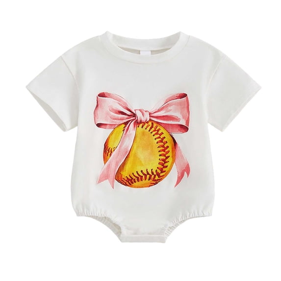 MIXUE Baby Girls Rompers Baseball Newborn Bow Summer Crew neck Short Sleeve Embroidery Casual Bodysuits Sportwear,White,9-12 Months
