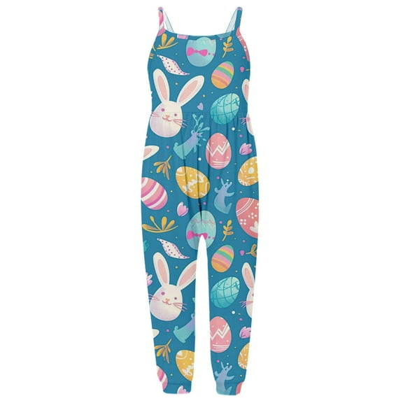 MIXUE Baby Girls Rompers Easter Bunny Print Strappy Sleeveless Casual Bodysuits Sportwear,Blue,1-2 Years