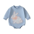thumbnail image 1 of MIXUE Baby Girls Rompers Easter Long Sleeve Cartoon Rabbit Embroider Pullover Sweatshirt Bodysuits Streetwear,Blue,6-12 Months, 1 of 6