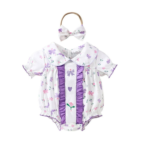 MIXUE Baby Girls Rompers Short Sleeve Floral Print Ruffles Bodysuits Activewear,Purple,6-12 Months