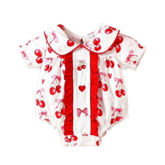 MIXUE Baby Girls Rompers Infant Short Sleeve cherry Print Ruffles Newborn Bodysuits Holiday Wear,Red,0-3 Months
