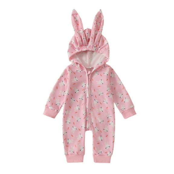 MIXUE Baby Girls Rompers Easter Bunny Long Sleeve Cartoon Print Hooded Bodysuits Streetwear,Pink,6-12 Months