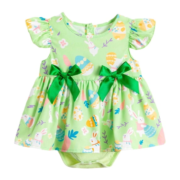 MIXUE Baby Girls Rompers Spring Summer Easter Full Print Flutter Sleeve Princess Dress Bodysuits With Bowknots Holiday Wear,Green,9-12 Months