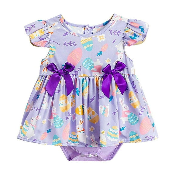 MIXUE Baby Girls Rompers Spring Summer Easter Full Print Flutter Sleeve Princess Dress Bodysuits With Bowknots Streetwear,Purple,9-12 Months