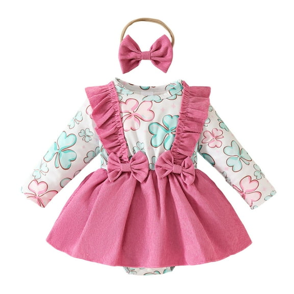 MIXUE Baby Girls Rompers St. Patrick's Day Long Sleeves Skirts Bowknot Headbands Bodysuits Holiday Wear,Pink,6-12 Months