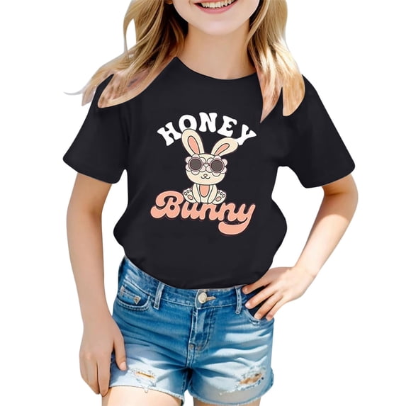 MIXUE Baby Girls Tops & T-Shirts Children Casual Fashion Cartoon Print Round Neck Short Sleeve Pullover Tee Shirts Sportwear,Black,1-2 Years