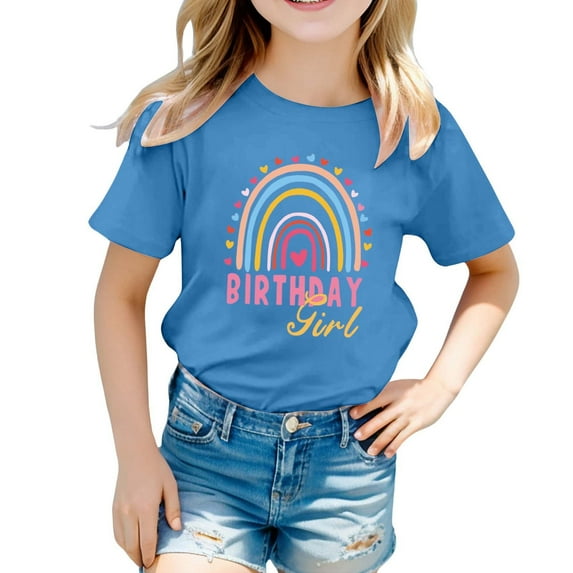 MIXUE Baby Girls Tops & T-Shirts Birthday Rainbow Print Round Neck Short Sleeve Party Tops Pullover Tee Shirts Streetwear,Blue,1-2 Years