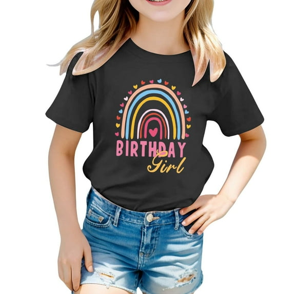 MIXUE Baby Girls Tops & T-Shirts Birthday Rainbow Print Round Neck Short Sleeve Party Tops Pullover Tshirts Outwear,Black,1-2 Years