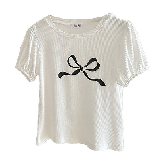 MIXUE Baby Girls Tops & T-Shirts Summer Cute Bowknot Print Crew Neck Short Sleeve Fashion Casual T Shirts Activewear,White,18-24 Months