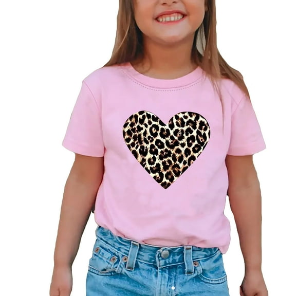 MIXUE Baby Girls Tops & T-Shirts Summer Leopard Print Heart Round Neck Short Sleeve Loose Fit Casual T Shirts Activewear,Pink,1-2 Years
