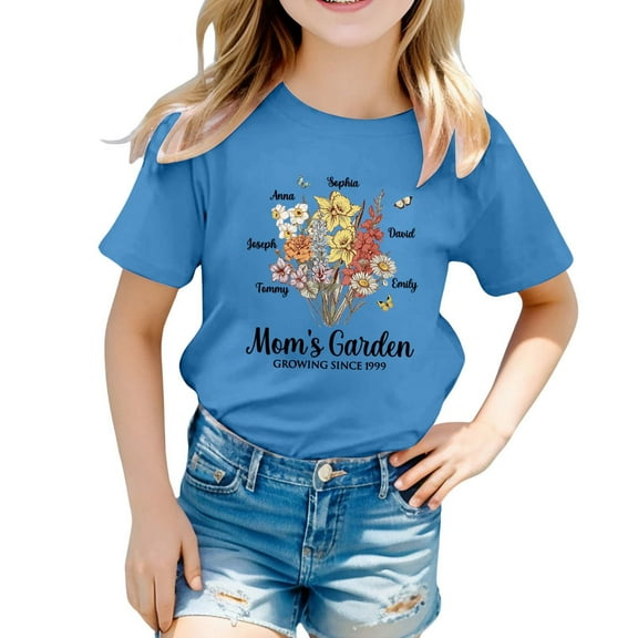 MIXUE Baby Girls Tops & T-Shirts Summer Mother'S Day Letter Print Floral Crew Neck Short Sleeve Fashion Casual Tshirts Outwear,Blue,1-2 Years