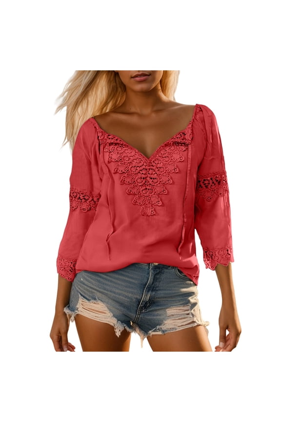Boho Tops For Women Autumn Winter Linen Floral Lace Off Shoulder Long Sleeve Loose Tshirts Outwear,Red,XXXXXL