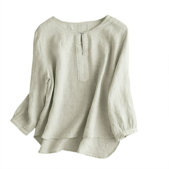 MIXUE Boho Tops For Women Autumn Winter Linen Solid Color Crew Neck Long Sleeve Loose Fashion Shirts For Women T Shirts Holiday Wear,White,L