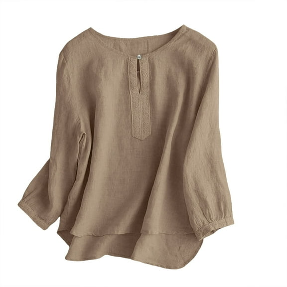 MIXUE Boho Tops For Women Autumn Winter Linen Solid Color Crew Neck Long Sleeve Loose Fashion Shirts For Women Tshirts Activewear,Beige,M