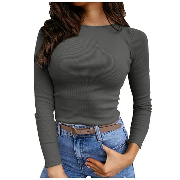 MIXUE Boho Tops For Women Autumn Winter Ribbed Solid Color Crew Neck Long Sleeve Slim Fit Casual Basic Shirts For Women Tee Shirts Streetwear,Gray,S