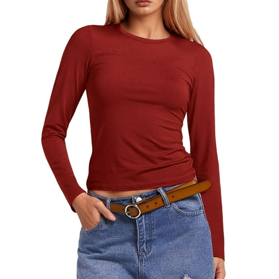 MIXUE Boho Tops For Women Autumn Winter Solid Color Crew Neck Long Sleeve Slim Fit Casual Workout Yoga Shirts For Women Tshirts Streetwear,Red,S