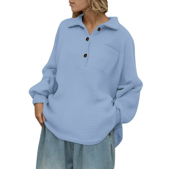 MIXUE Boho Tops For Women Autumn Winter Solid Color Lapel Button Down Long Sleeve Casual Soft Basic Classic T-shirts Outwear,Blue,XXL