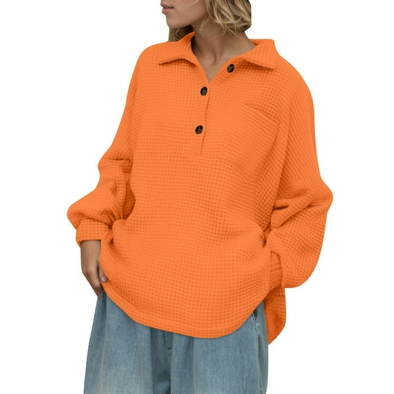 MIXUE Boho Tops For Women Autumn Winter Solid Color Lapel Button Down Long Sleeve Casual Soft Basic Classic T-shirts Streetwear,Orange,XXL