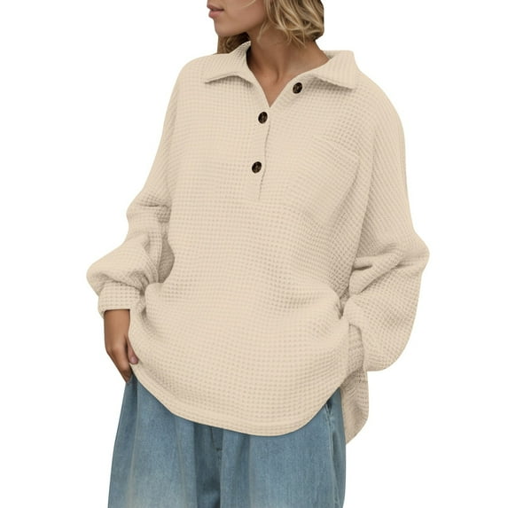 MIXUE Boho Tops For Women Autumn Winter Solid Color Lapel Button Down Long Sleeve Casual Soft Basic Classic Tee Shirts Sportswear,Beige,XL