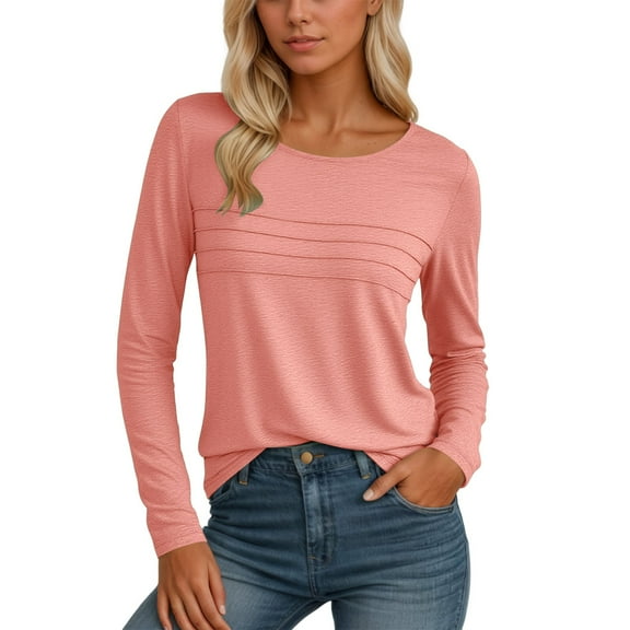 MIXUE Boho Tops For Women Autumn Winter Solid Color Round Neck Long Sleeve Casual Basic Soft Pullover Shirts For Women Tee Shirts Daily-Wear,Pink,XL