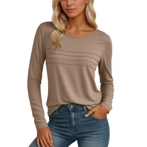 MIXUE Boho Tops For Women Autumn Winter Solid Color Round Neck Long Sleeve Casual Basic Soft Pullover Shirts For Women Tshirts Streetwear,Brown,S