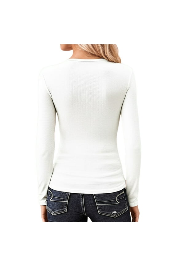 Boho Tops For Women Autumn Winter Solid Color Round Neck Long Sleeve Casual Basic Soft Tshirts Outwear,White,M