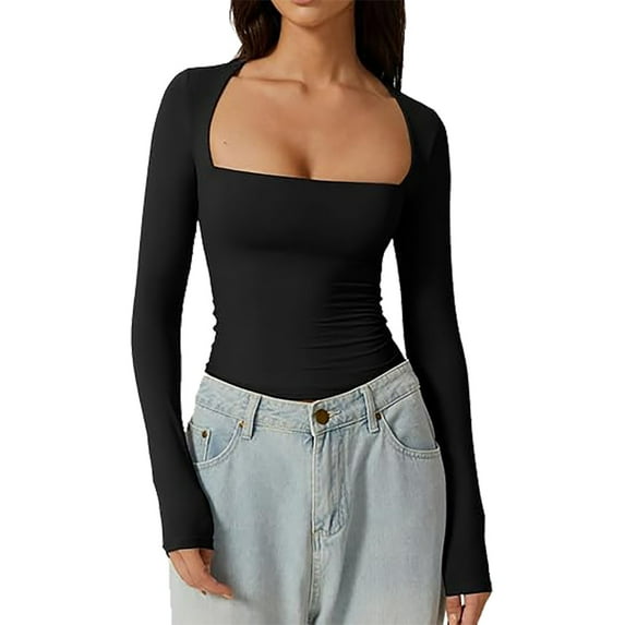 MIXUE Boho Tops For Women Autumn Winter Solid Color Square Collar Long Sleeve Slim Fit Casual Basic Tunic Shirts For Women Tee Shirts Outwear,Black,M