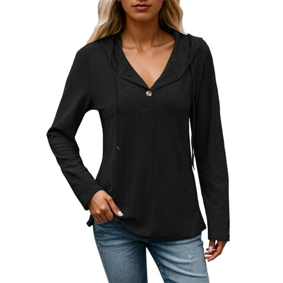MIXUE Boho Tops For Women Autumn Winter Solid Color V Neck Hooded Button Down Long Sleeve Casual Pullover Shirts For Women Tshirts Outwear,Black,S