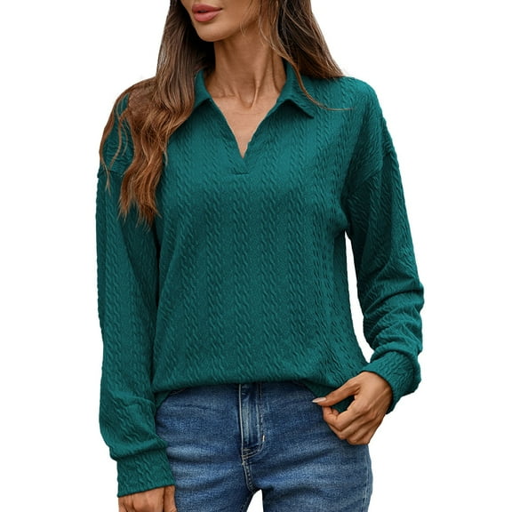 MIXUE Boho Tops For Women Autumn Winter Solid Color V Neck Lapel Long Sleeve Casual Basic Pullover Shirts For Women T Shirts Daily-Wear,Blue,M