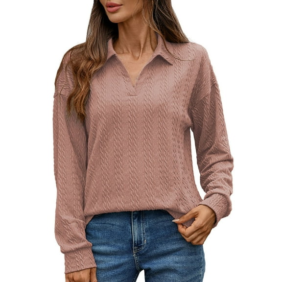 MIXUE Boho Tops For Women Autumn Winter Solid Color V Neck Lapel Long Sleeve Casual Basic Pullover Shirts For Women T Shirts Holiday Wear,Pink,L