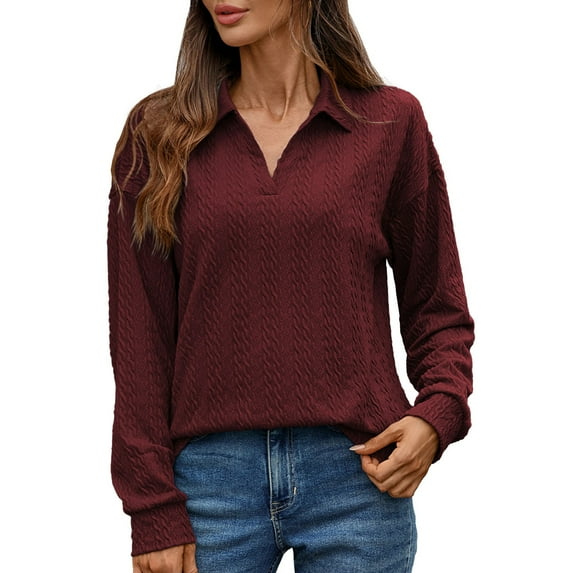 MIXUE Boho Tops For Women Autumn Winter Solid Color V Neck Lapel Long Sleeve Casual Basic Pullover Shirts For Women Tshirts Streetwear,Red,XL