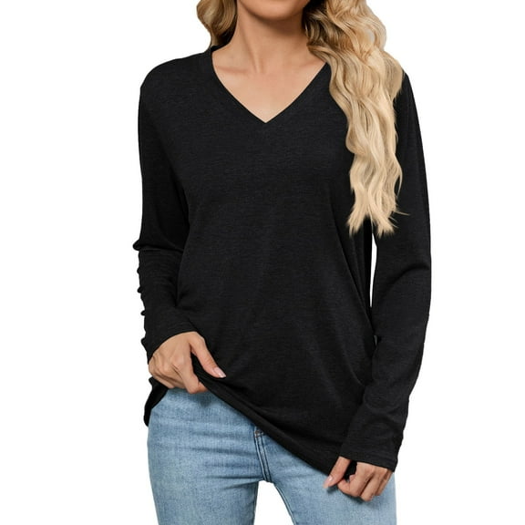 MIXUE Boho Tops For Women Autumn Winter Solid Color V Neck Long Sleeve Casual Basic Soft Pullover Shirts For Women Tshirts Outwear,Black,XXL