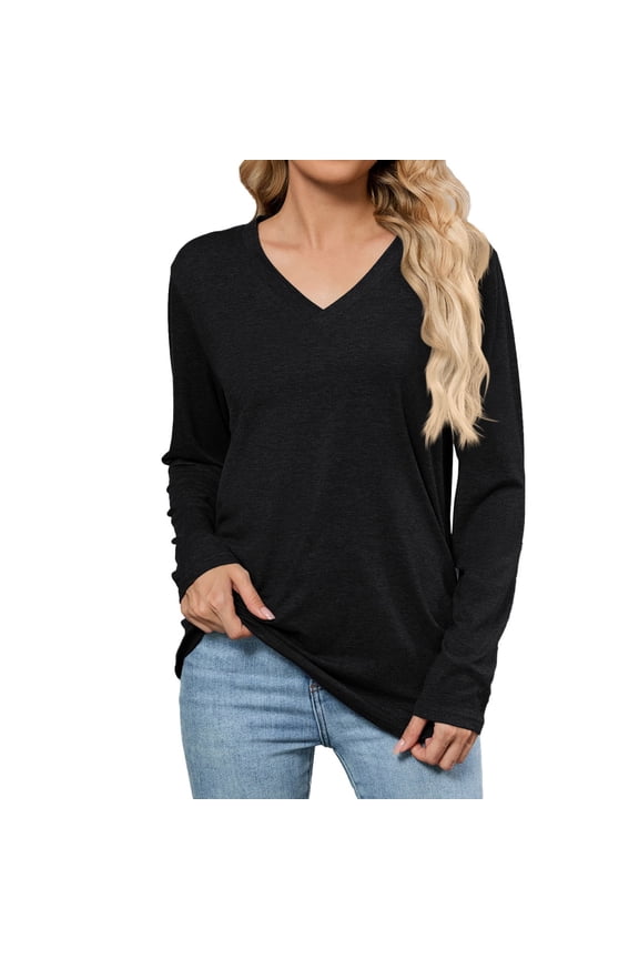 Boho Tops For Women Autumn Winter Solid Color V Neck Long Sleeve Casual Basic Soft Pullover Shirts For Women Tshirts Outwear,Black,XXL