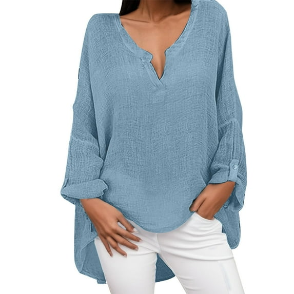 MIXUE Boho Tops For Women Autumn Winter Solid Color V Neck Long Sleeve Loose Fit Casual Shirts For Women Tee Shirts Streetwear,Blue,XXXXL